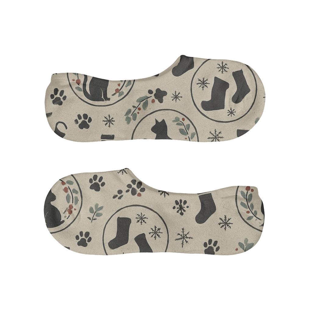 Snowy Wreath Cat Silhouette Lattice On Cream Background anti-slip no-show socks