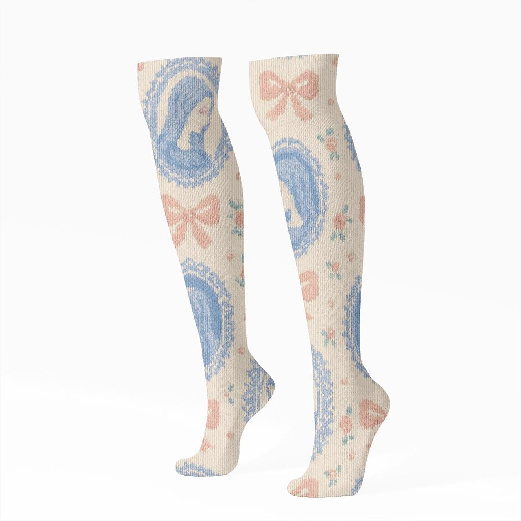 Knitted Lace Illusion For Mary Cameo Medallions stylish athletic knee-high socks