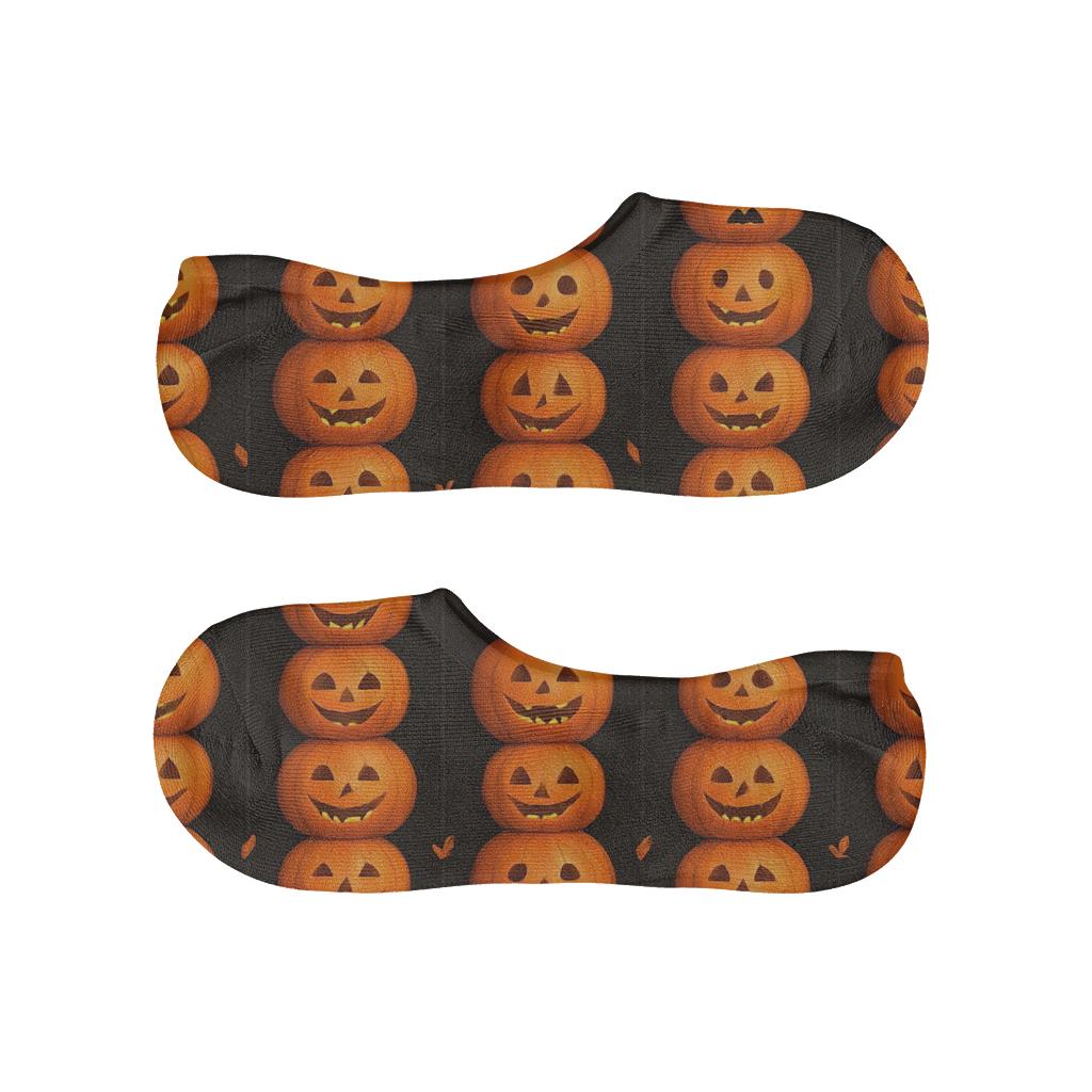 Stacked Pumpkin Totem Columns On Black Background designer print no-show socks