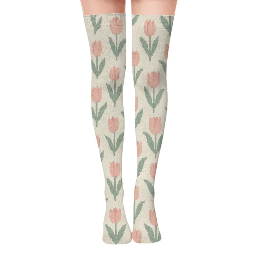 Meadow Tulip Bud Progression Knit Illusion On Ivory Background unique graphic over-the-knee socks