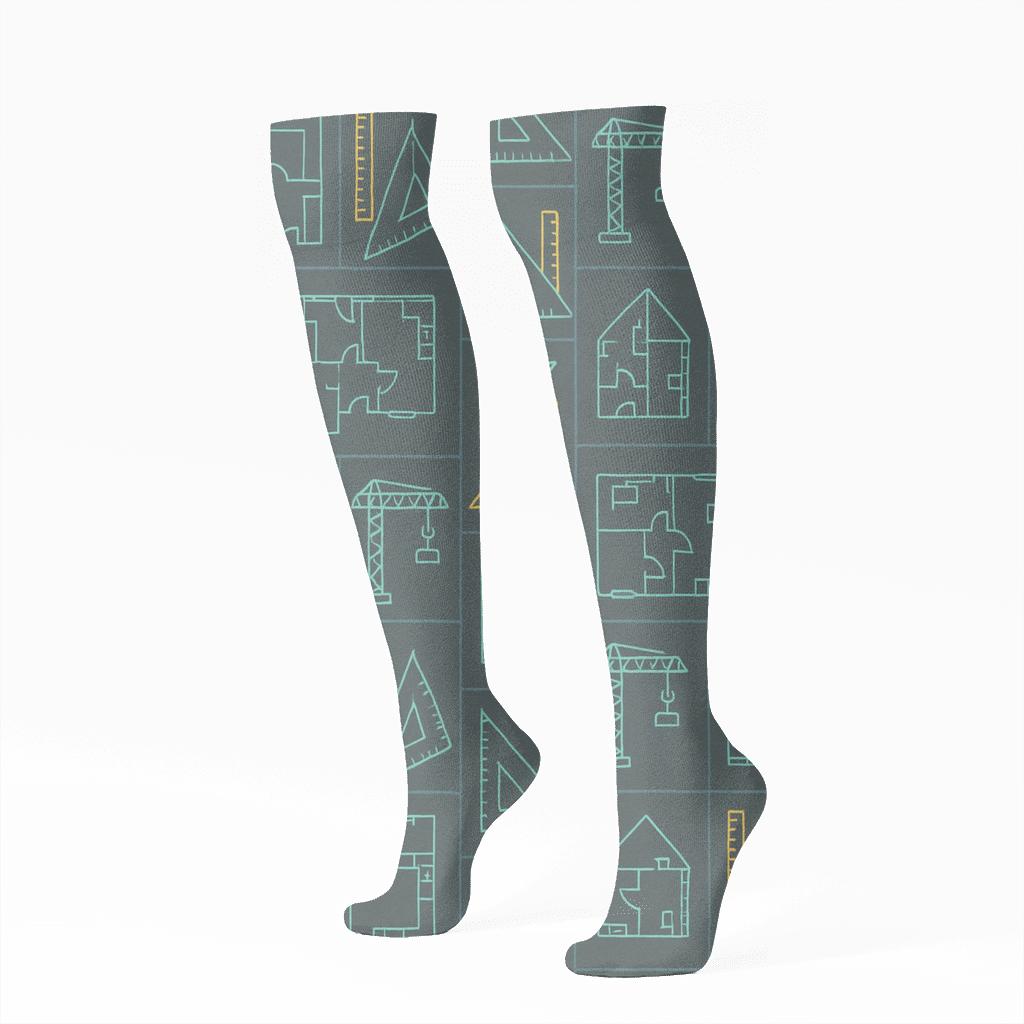 Blueprint Party Grid With Architect Accents designer print knee-high socks