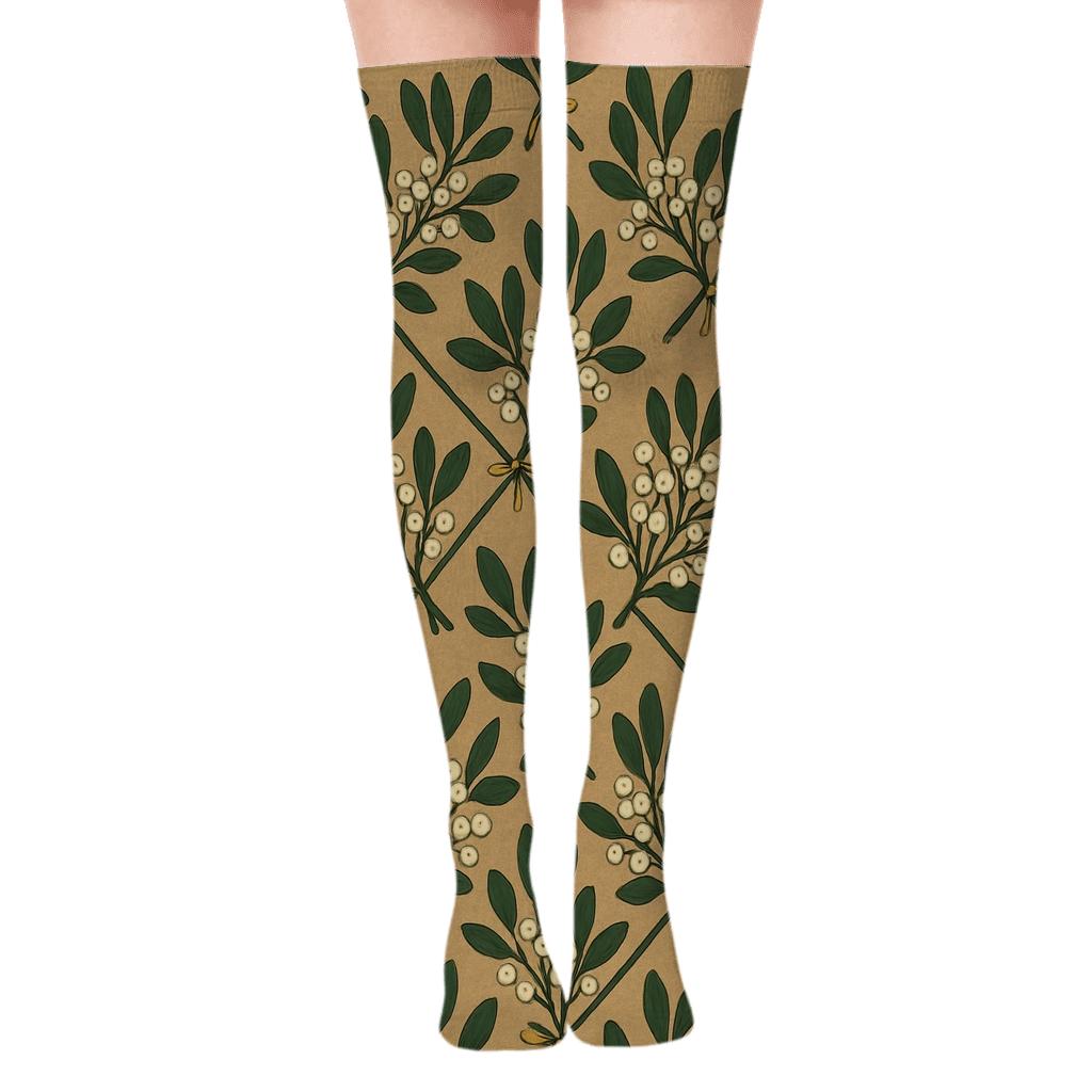 Botanical Poster Mistletoe Lattice designer print over-the-knee socks