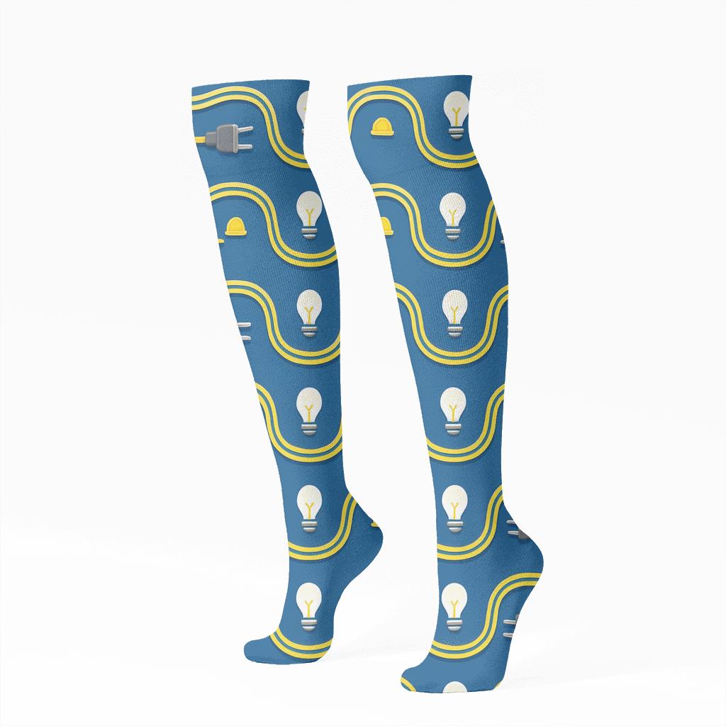 Safety Yellow Wire Bands On Circuit Blue Background Electrician Pattern designer print knee-high socks