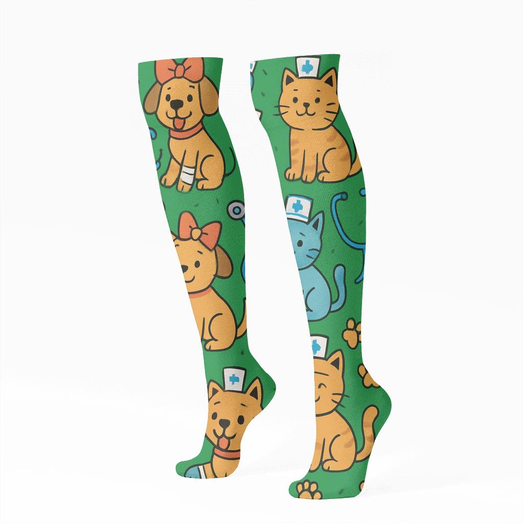 Paw Print Parade With Veterinarian Tools unique graphic knee-high socks