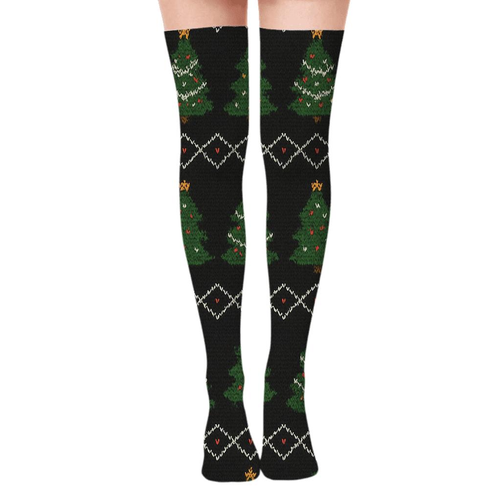 Knitted Fair Isle Christmas Tree Bands stylish fashion over-the-knee socks