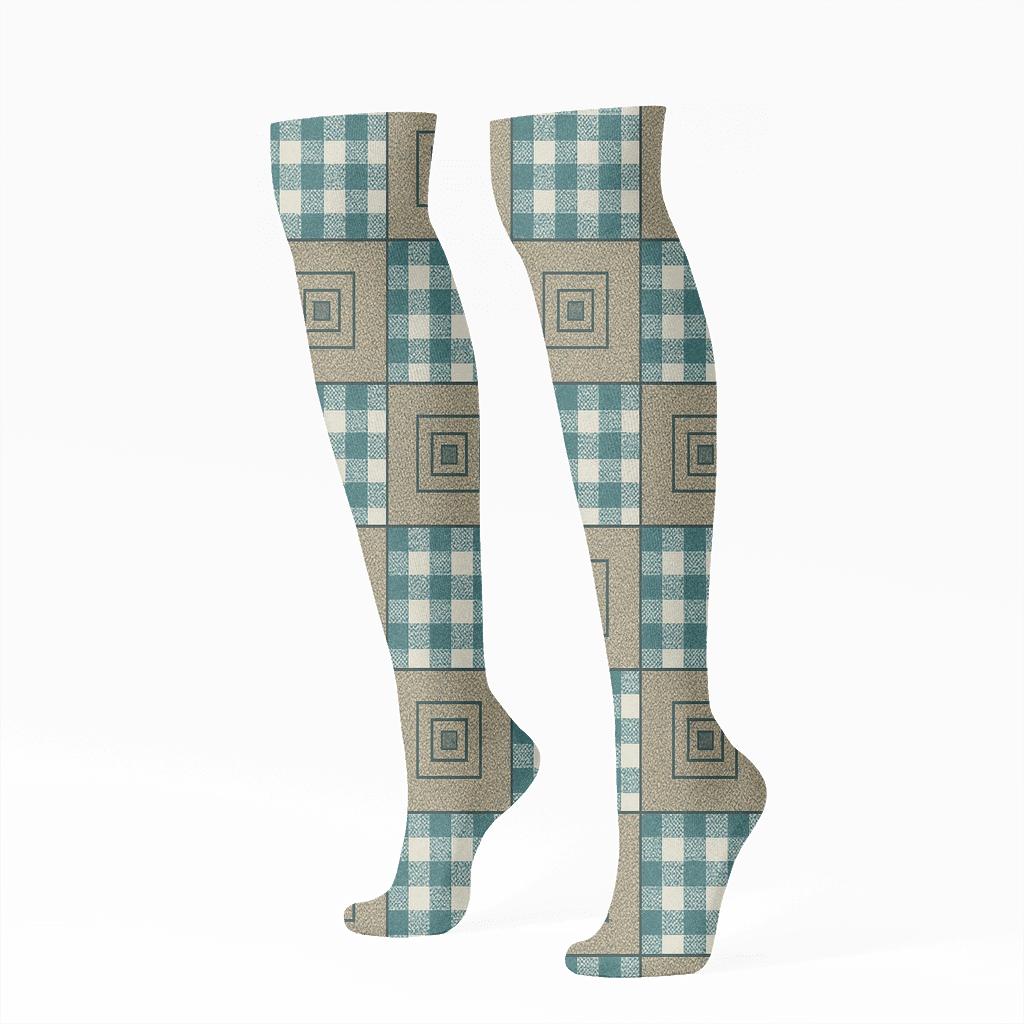 Woven Gingham Micro Check Collage Blocks On Warm Ivory comfortable cotton knee-high socks
