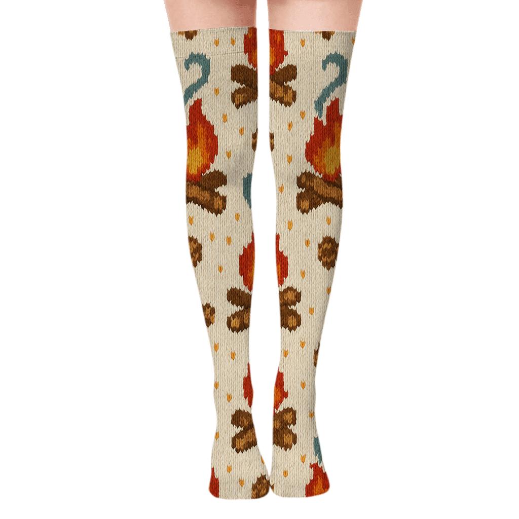 Burnt Orange Campfire Knit Illusion On Creamy Beige Background comfortable cotton over-the-knee socks
