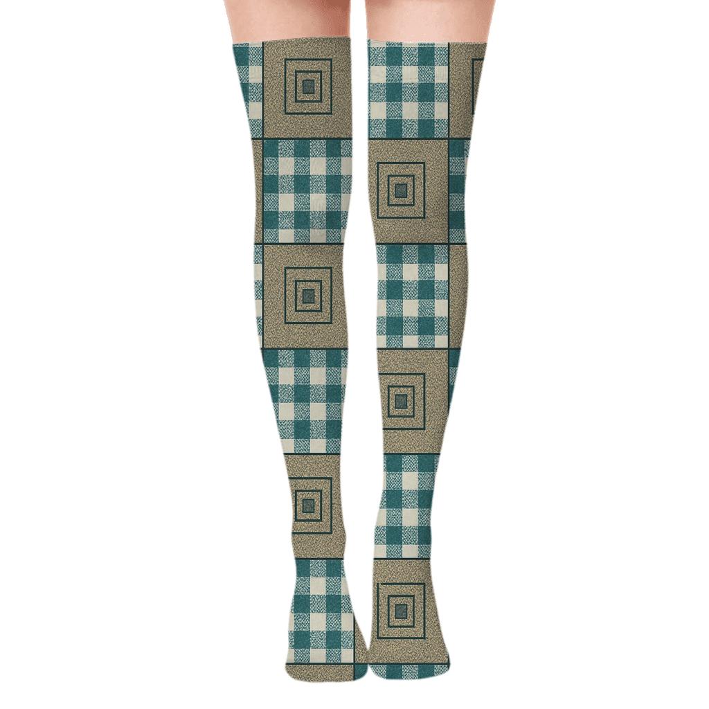 Woven Gingham Micro Check Collage Blocks On Warm Ivory trendy patterned over-the-knee socks