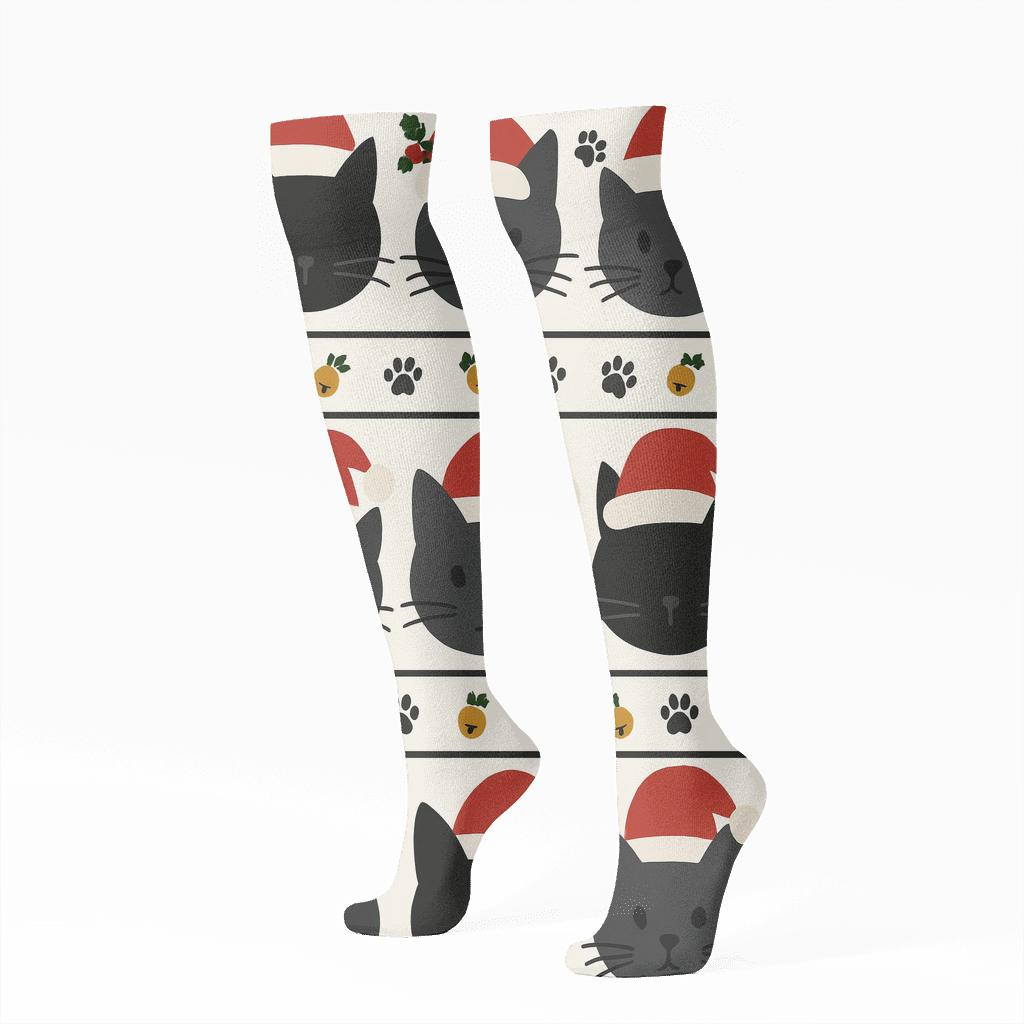 Santa Hat Cat Portrait Stripes On Bright White Background comfortable cotton knee-high socks