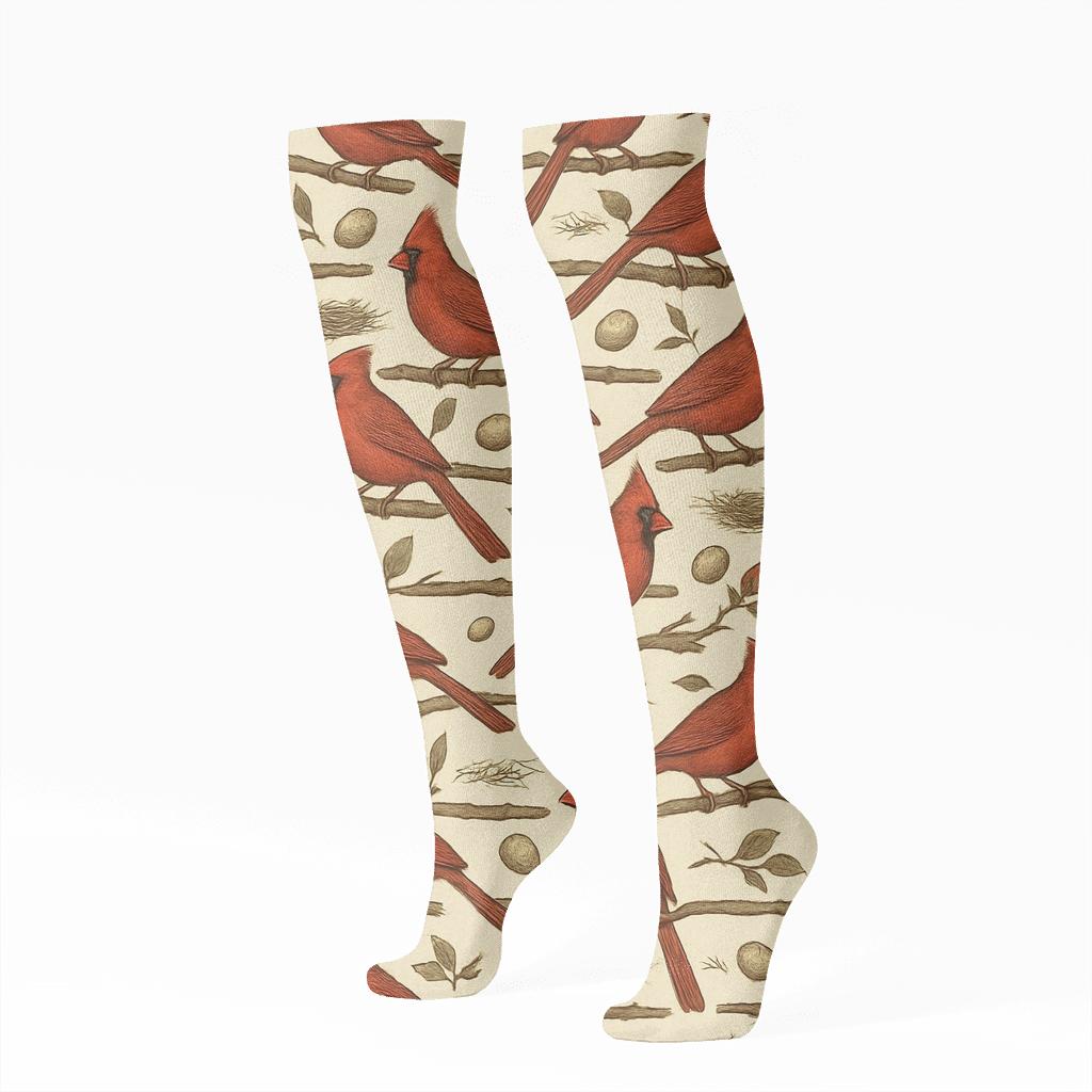 Cardinal Branch Band Repeat On Ivory Background stylish athletic knee-high socks