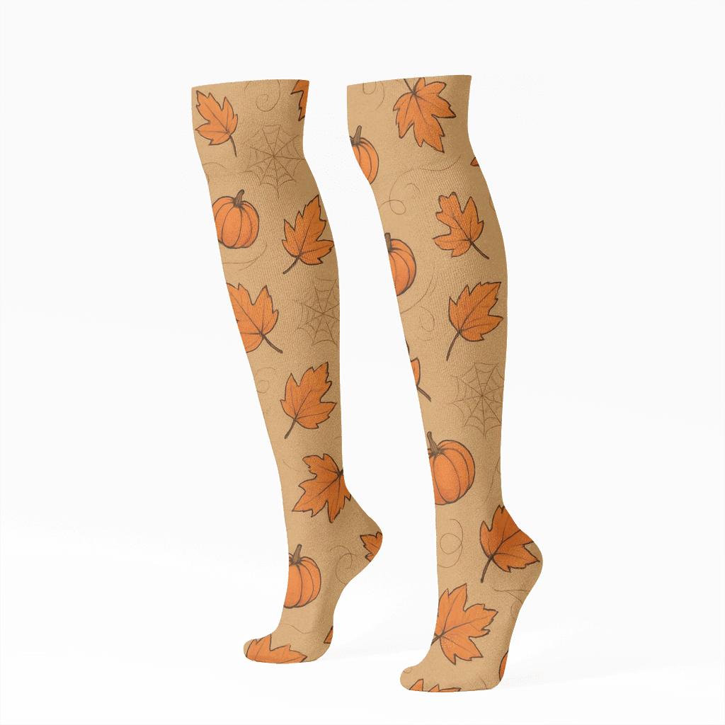 Orange Autumn Leaf Swirl Scatter On Proper Neutral Background trendy patterned knee-high socks