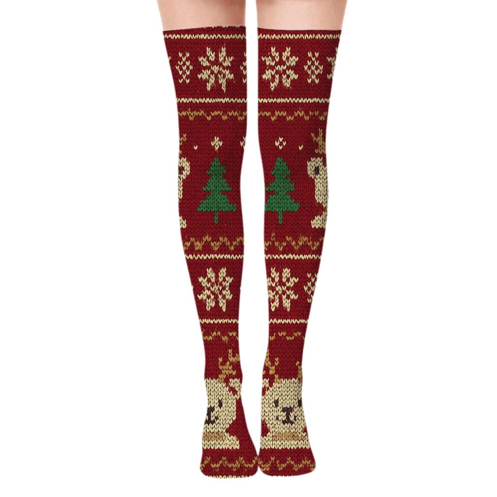 Knitted Reindeer Bear Fair Isle On Cranberry Red Background unique graphic over-the-knee socks