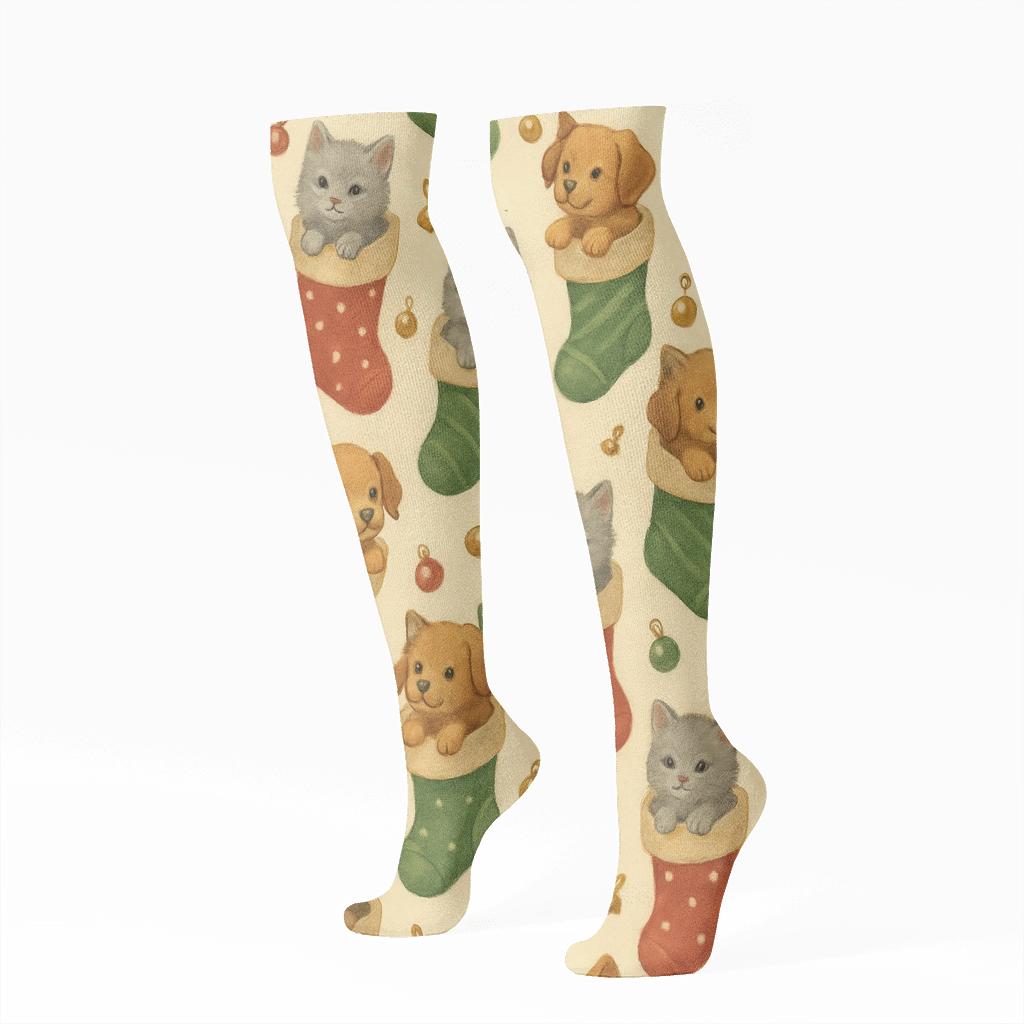Cozy Holiday Pets In Stockings, Festive All Over Print personalized knee-high socks