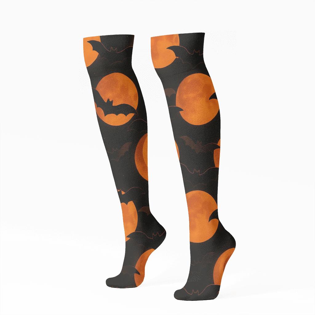 Orange Moon Glow And Bat Arc Repeat On Black Background stylish athletic knee-high socks