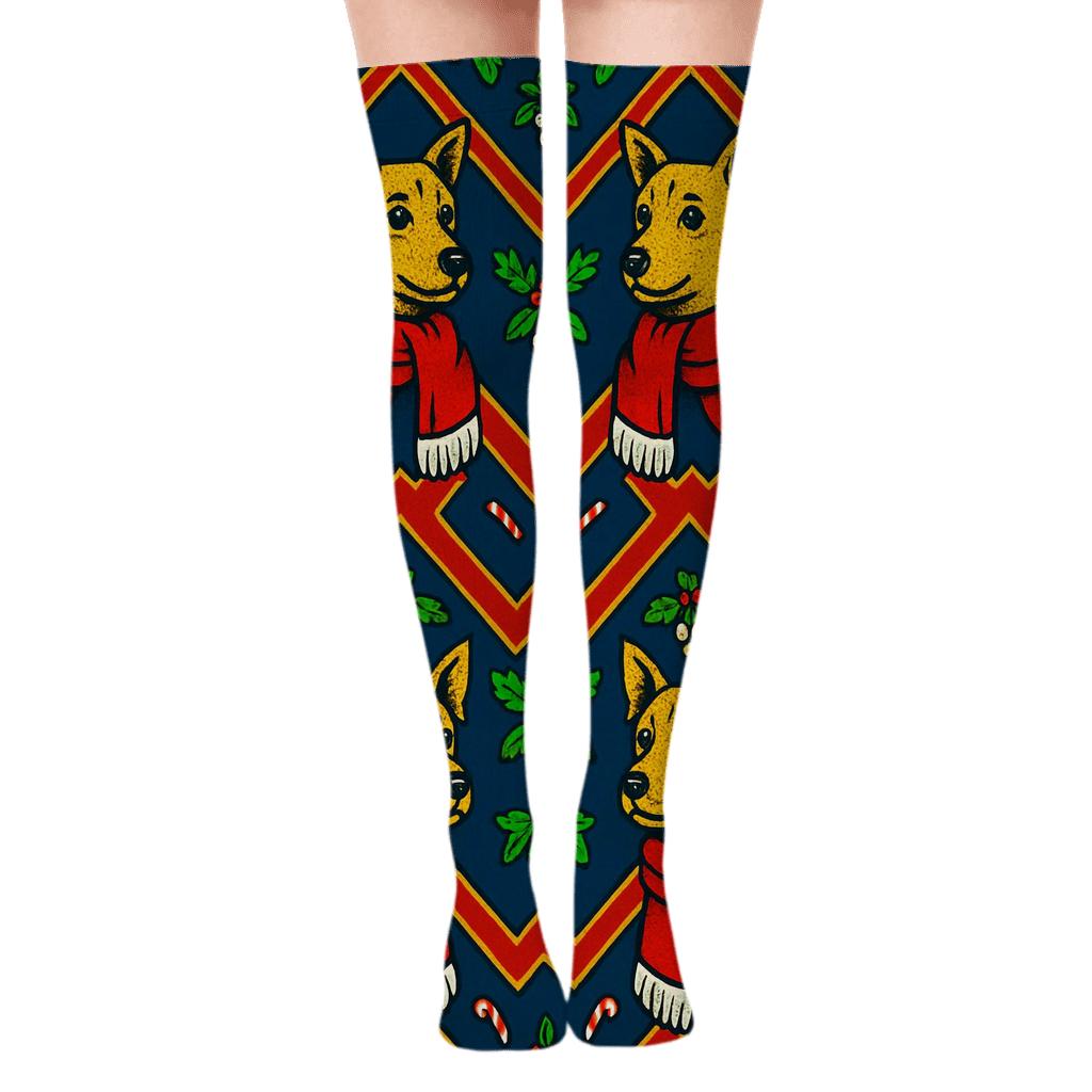 Mistletoe Dog Mirror Chevron On Navy Blue Background custom over-the-knee socks