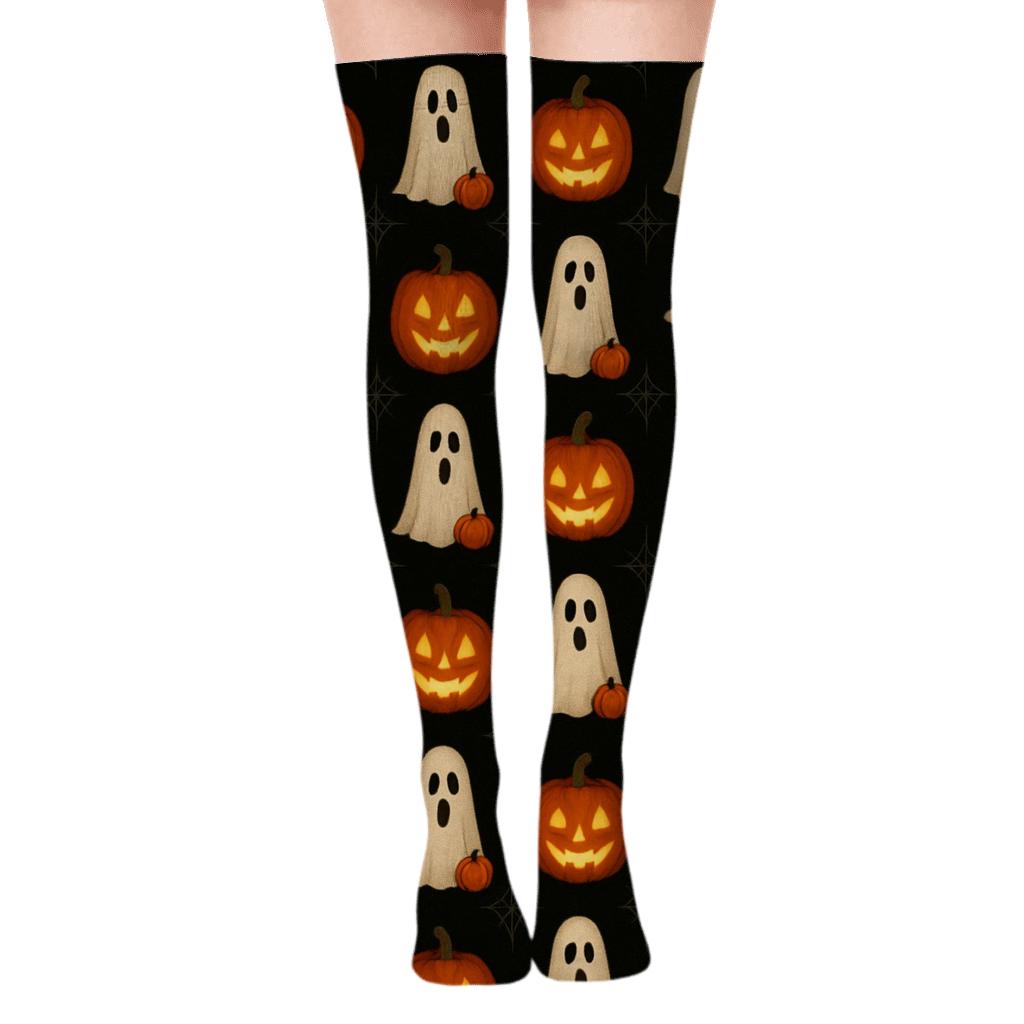 Glowing Pumpkin And Ghost Alternating Tiles On Black Background soft everyday over-the-knee socks