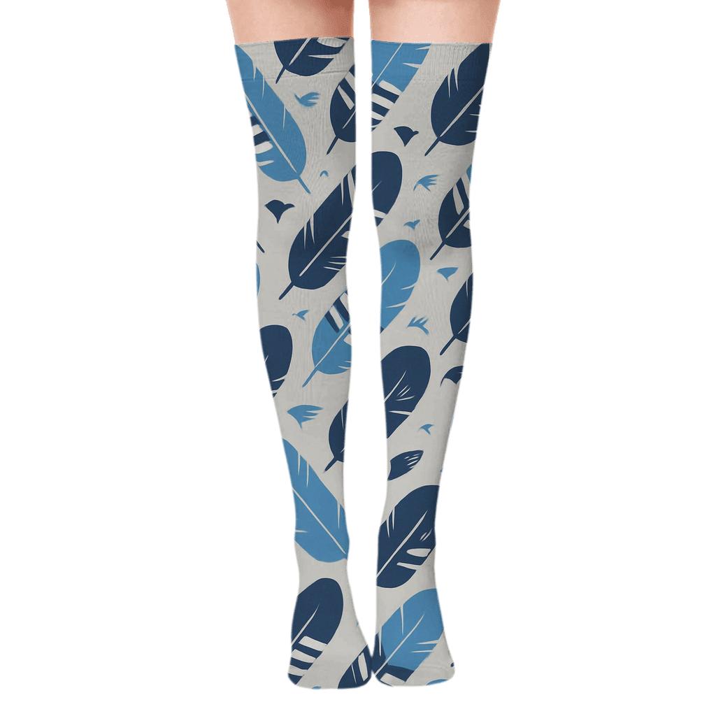 Blue Jay Feather Tile Grid On Light Gray Background designer print over-the-knee socks