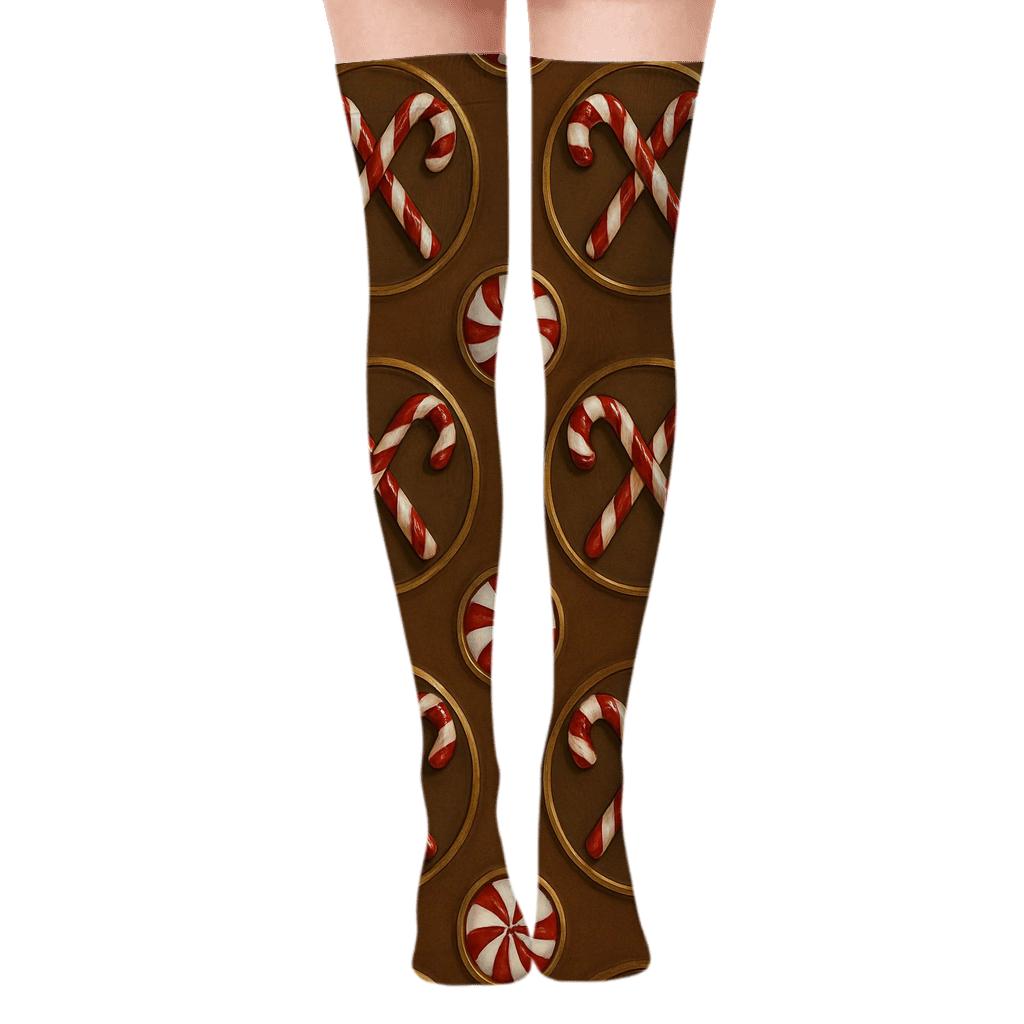 Crossed Candy Canes Medallion Tiles In Gold Accents personalized over-the-knee socks