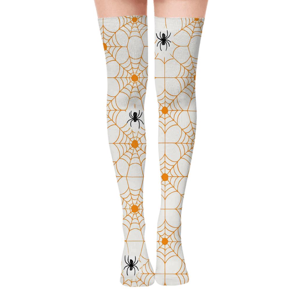 Orange Spider Web Overlay With Pumpkin Dots On White Background soft everyday over-the-knee socks