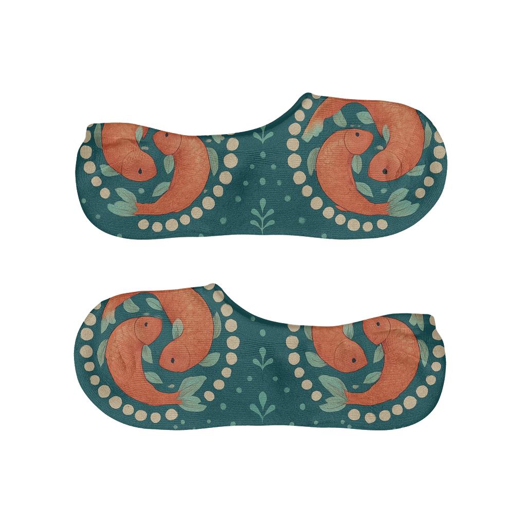 Koi Fish Mirror Medallions On Deep Teal soft cotton no-show socks