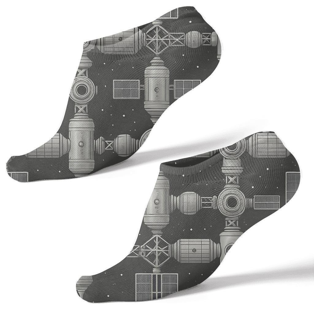 Metallic Silver Space Station Lattice On Charcoal stylish athletic ankle socks