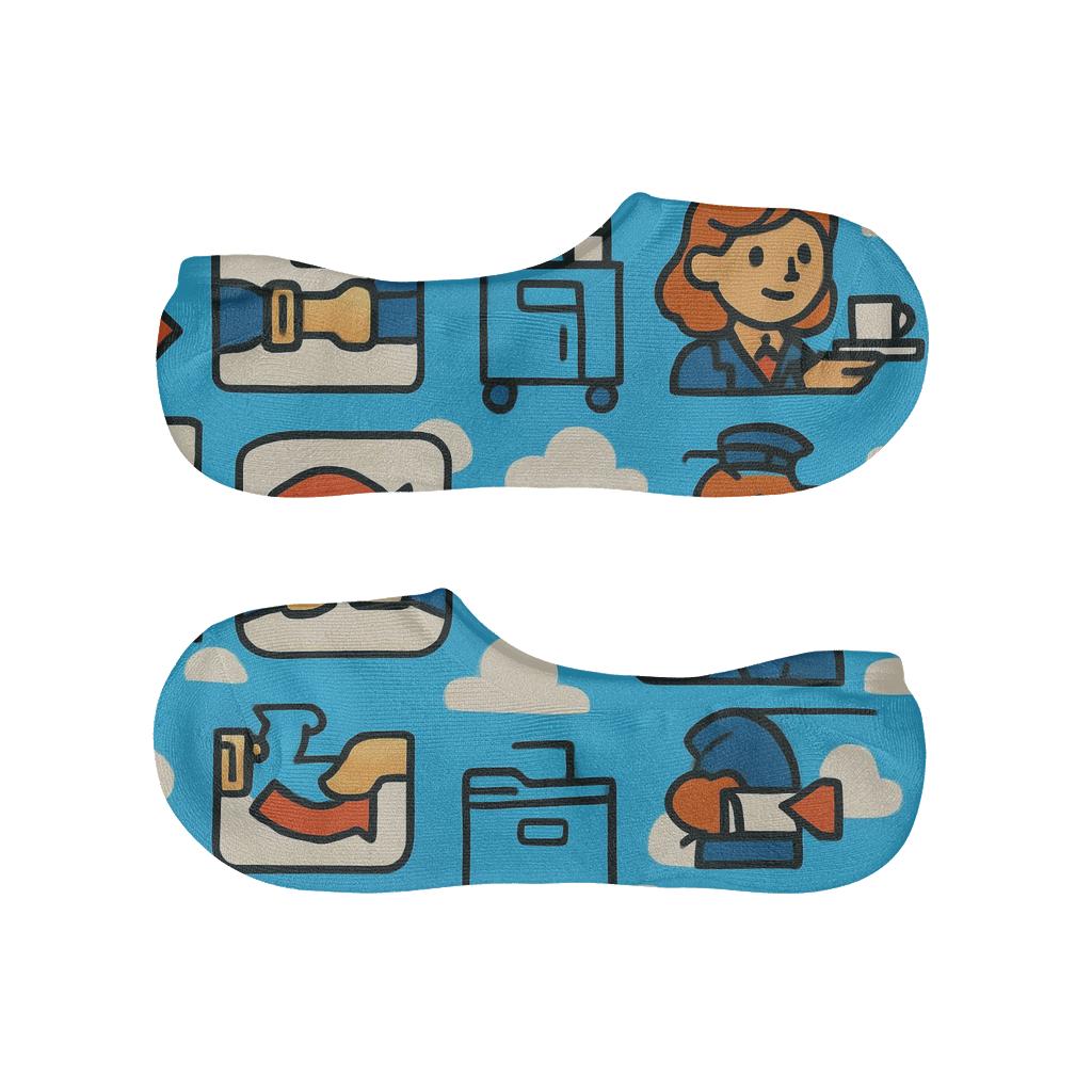 Sky Blue Safety Card Grid With Flight Attendant Motifs designer print no-show socks