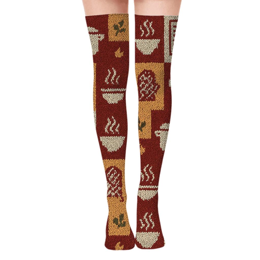 Cook-Quilted Knitted Kitchen Collage designer print over-the-knee socks