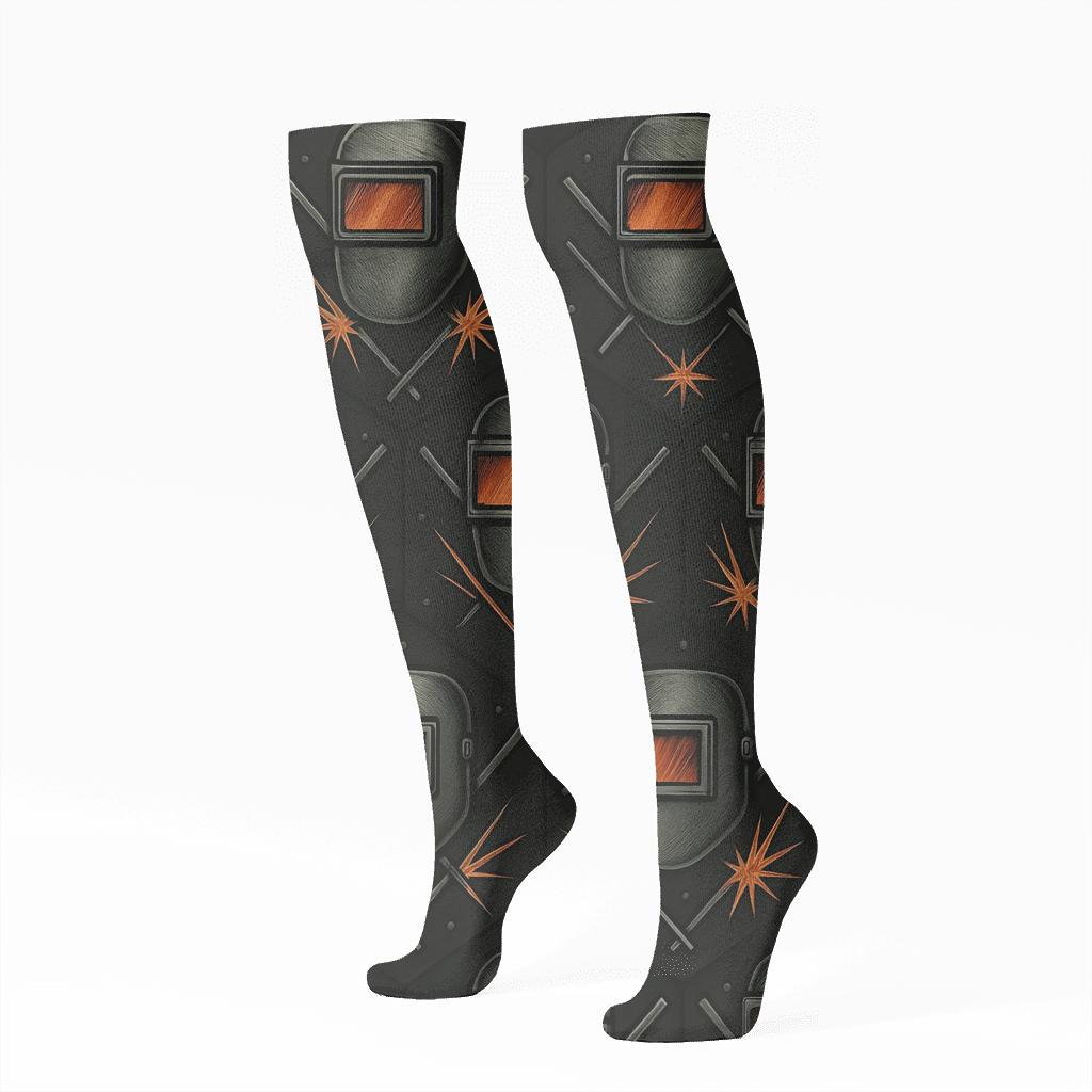 Welder Mask And Spark Tessellation Blueprint stylish athletic knee-high socks