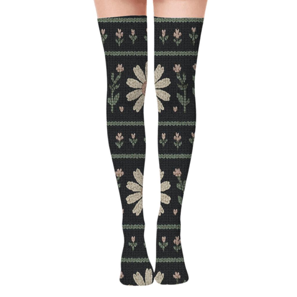 Sage Wildflower Knit Illusion Stripe Repeat On Charcoal Background soft everyday over-the-knee socks