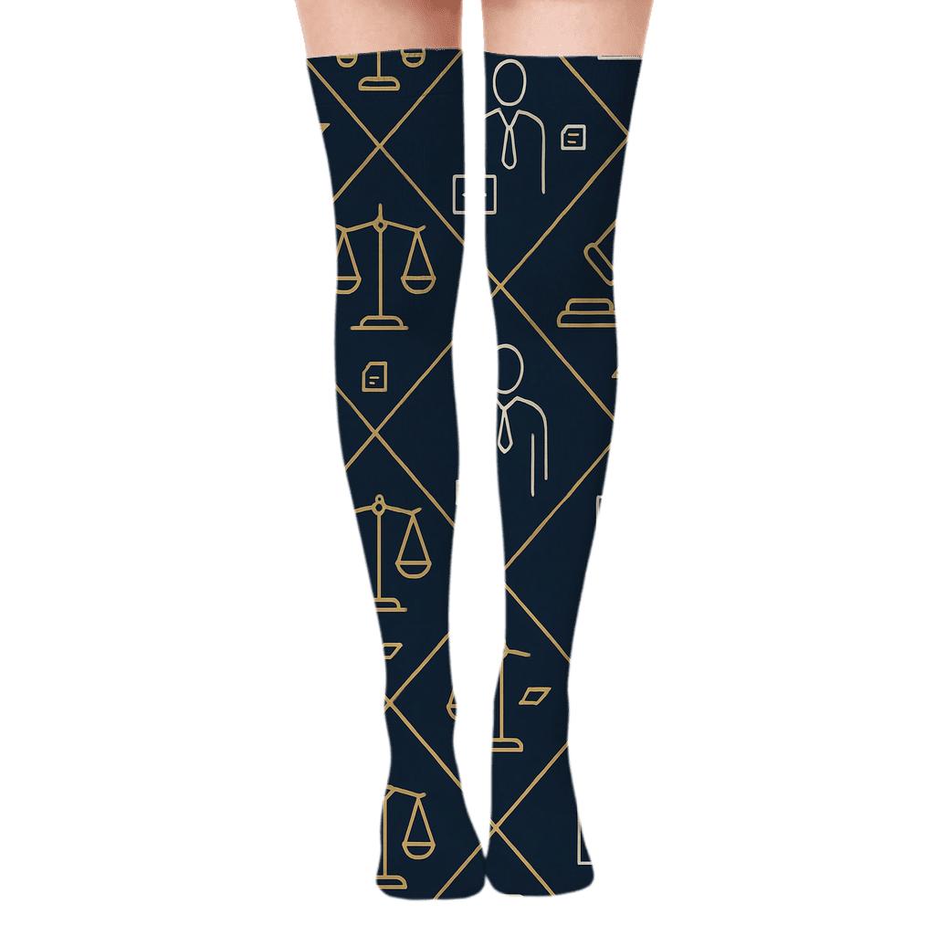 Navy Blue Lattice Of Scales, Gavel, And Lawyer Silhouettes soft everyday over-the-knee socks