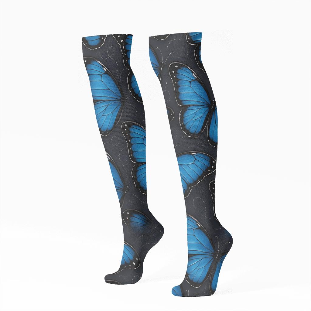 Iridescent Morpho Wing Lattice On Charcoal Night stylish athletic knee-high socks