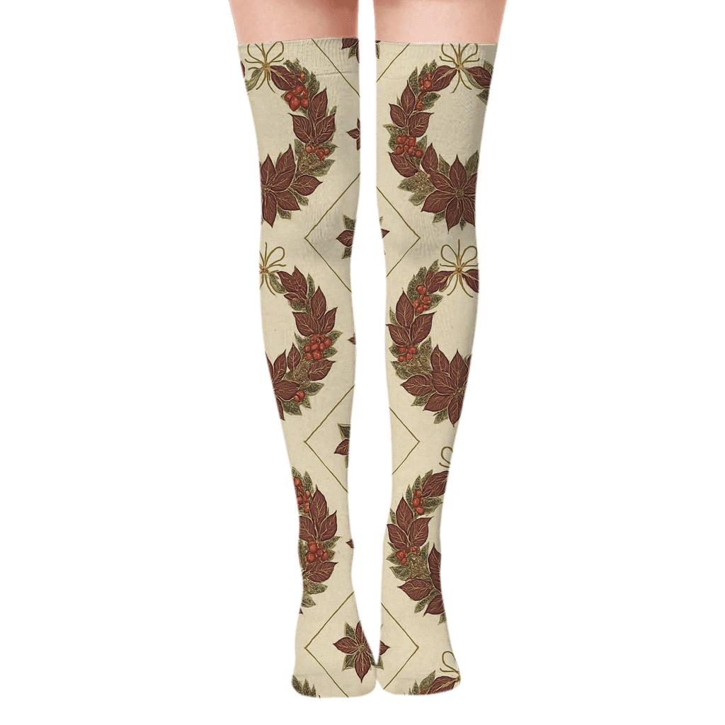 Vintage Botanical Poinsettia Wreath Lattice Poster Pattern premium cozy over-the-knee socks