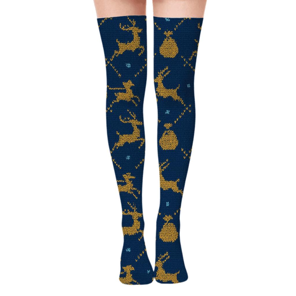 Santa Claus Sleigh Shadow Tessellation On Midnight Blue premium cozy over-the-knee socks