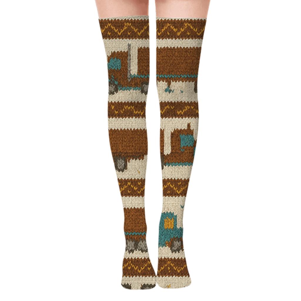 Knitted Pattern Illusion Of Big Rigs Truck Driver trendy patterned over-the-knee socks