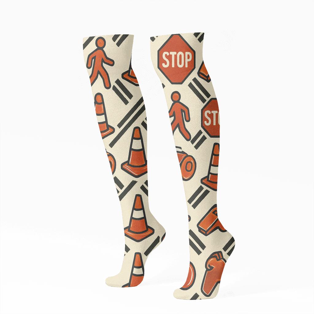 Pedestrian Signal Parade With Crossing Guard Icons unique graphic knee-high socks