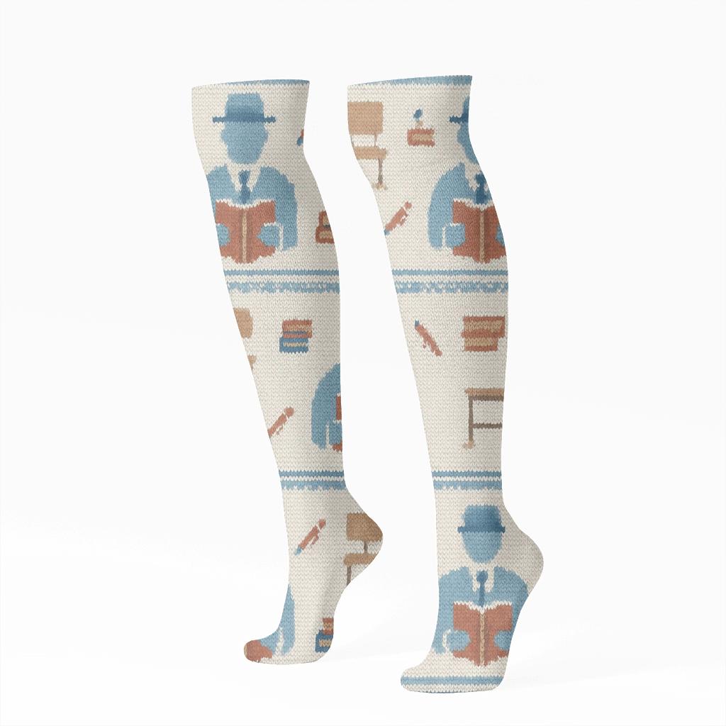 Knitted Pattern Illusion With School Principal Silhouette Grid custom knee-high socks