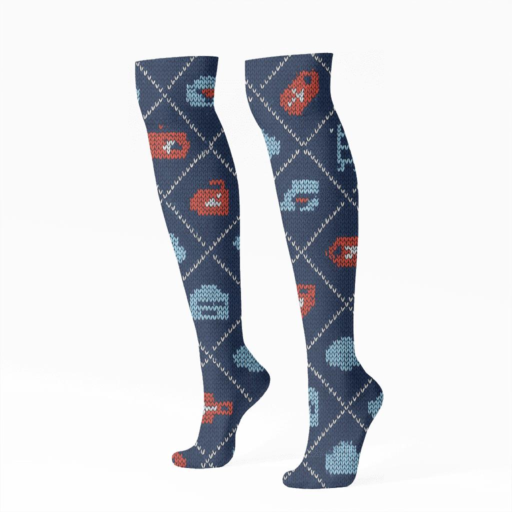 Knitted Pattern Illusion With Luggage And Flight Attendant Motifs custom knee-high socks