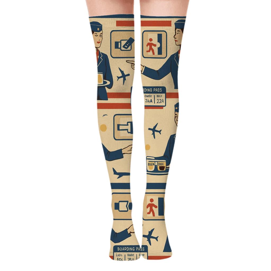 Vintage Airline Poster Look, Flight Attendant Service Stripe Bands premium cozy over-the-knee socks