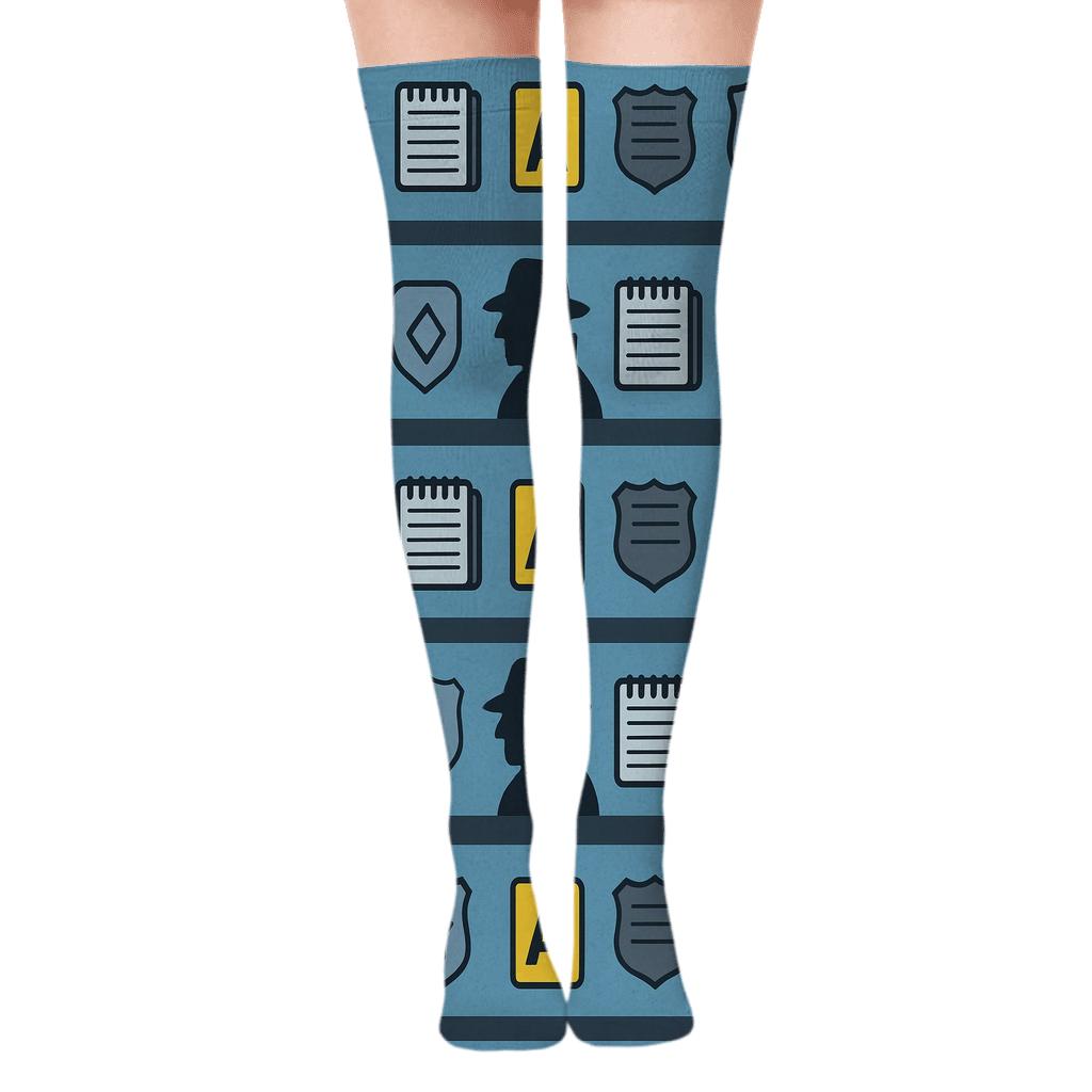 Interrogation Room Pattern With Police Detective Silhouette Bands unique graphic over-the-knee socks
