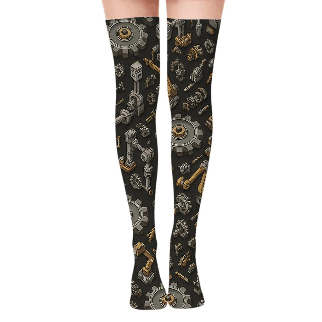 Isometric Gear City Mechanical Engineer Collage premium cozy over-the-knee socks