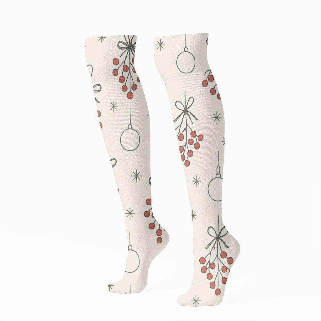 Mistletoe Ornament Linework Grid On Warm Ivory Background custom knee-high socks