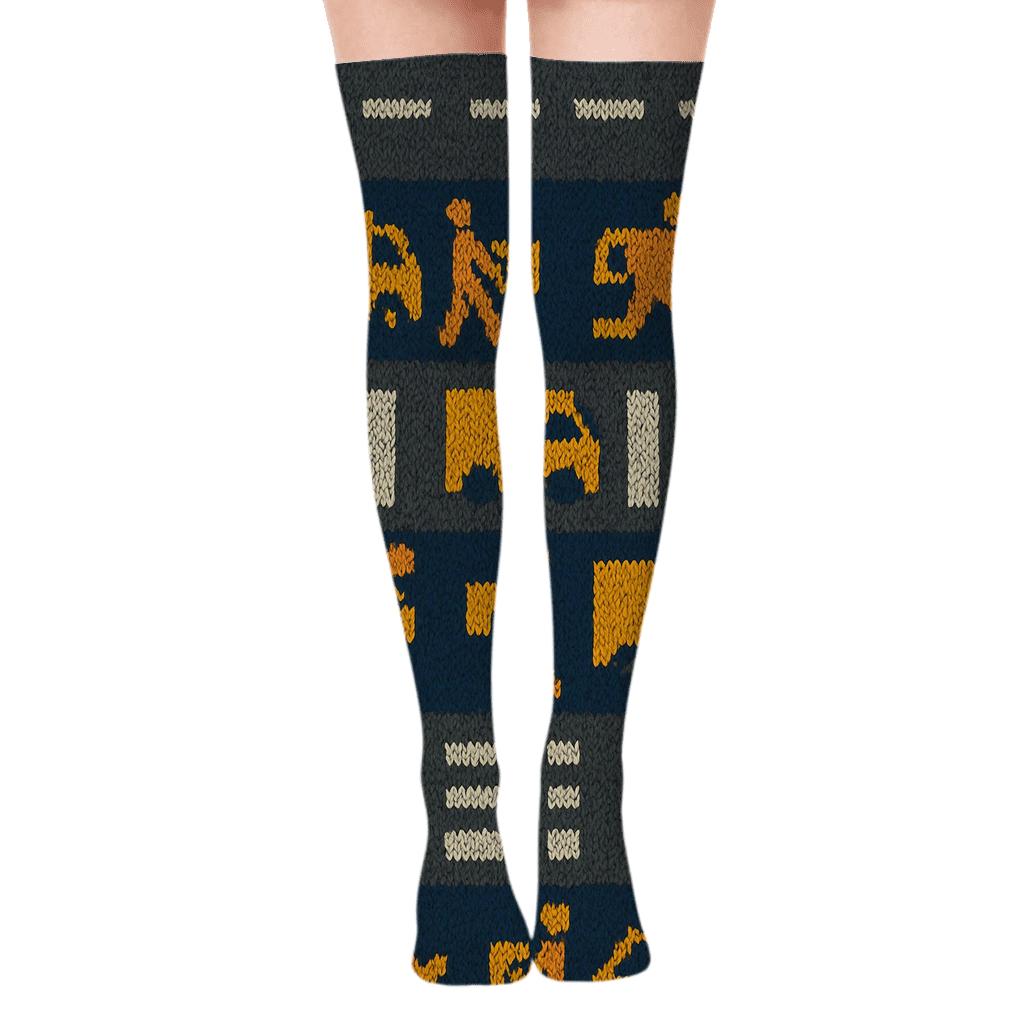 Courier-Grade Road Marking Bands On Asphalt Gray designer print over-the-knee socks