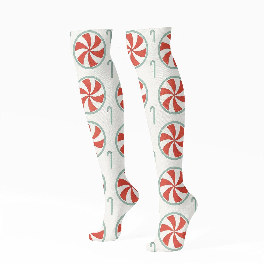 Peppermint Swirl Grid With Candy Canes Accents stylish athletic knee-high socks