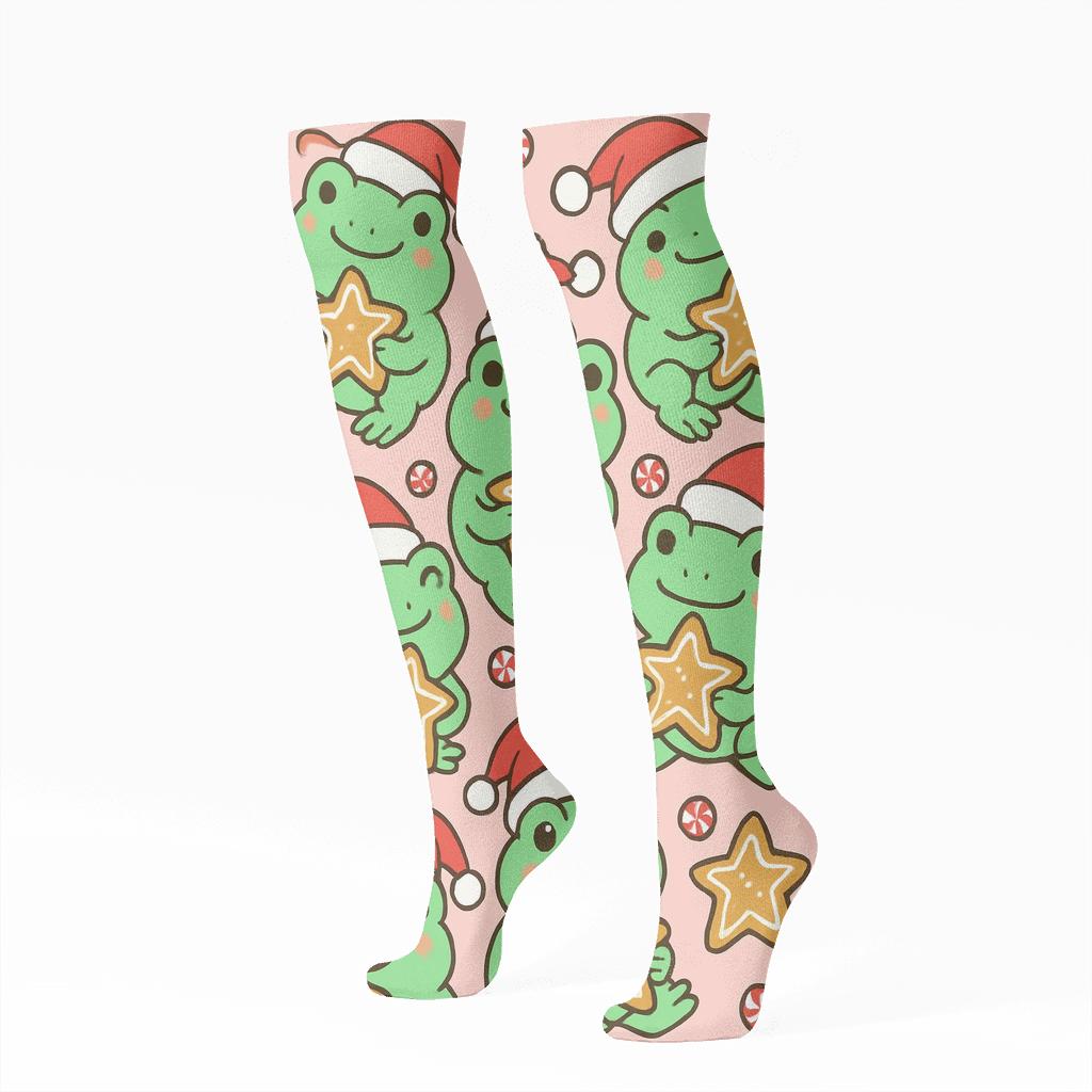 Mint Frog Gingerbread Tile Repeat On Pink Background custom knee-high socks