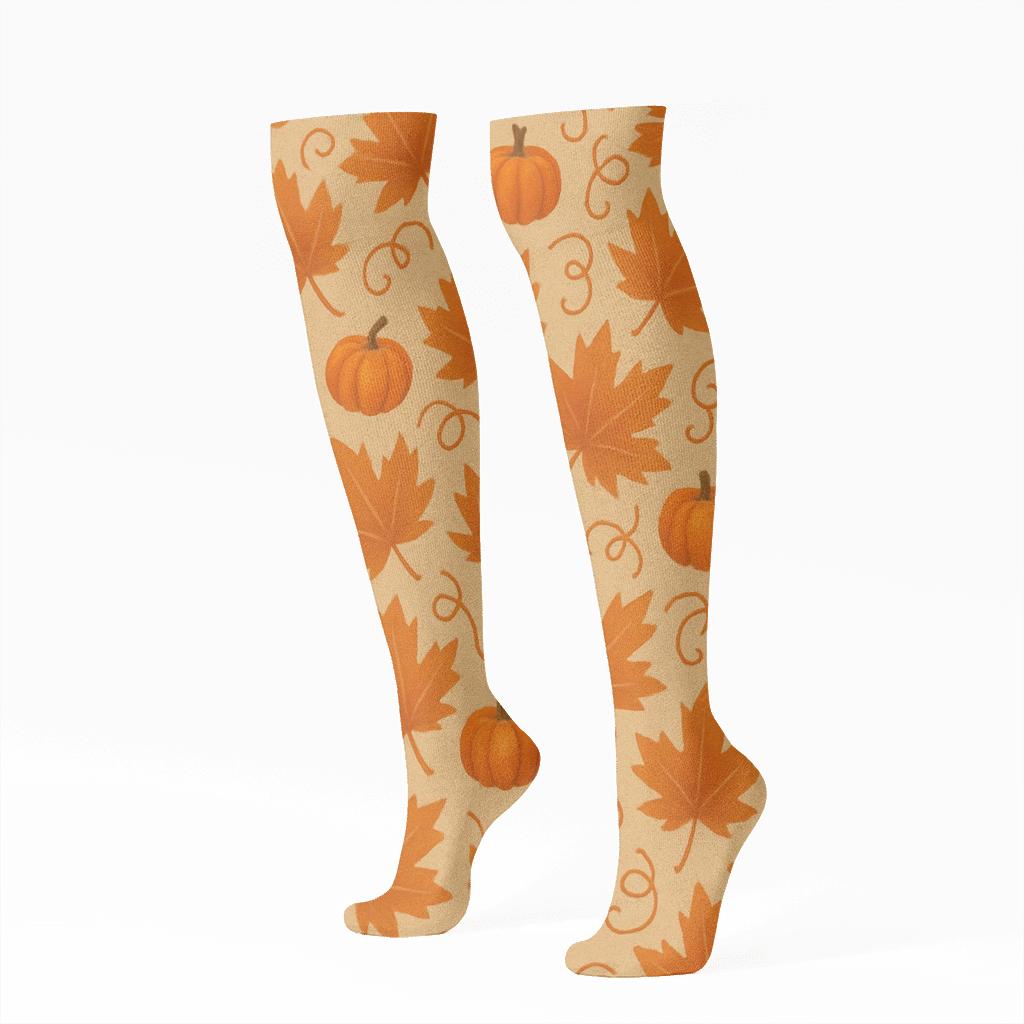Orange Autumn Leaf And Mini Pumpkin Scatter On Proper Neutral Background custom knee-high socks