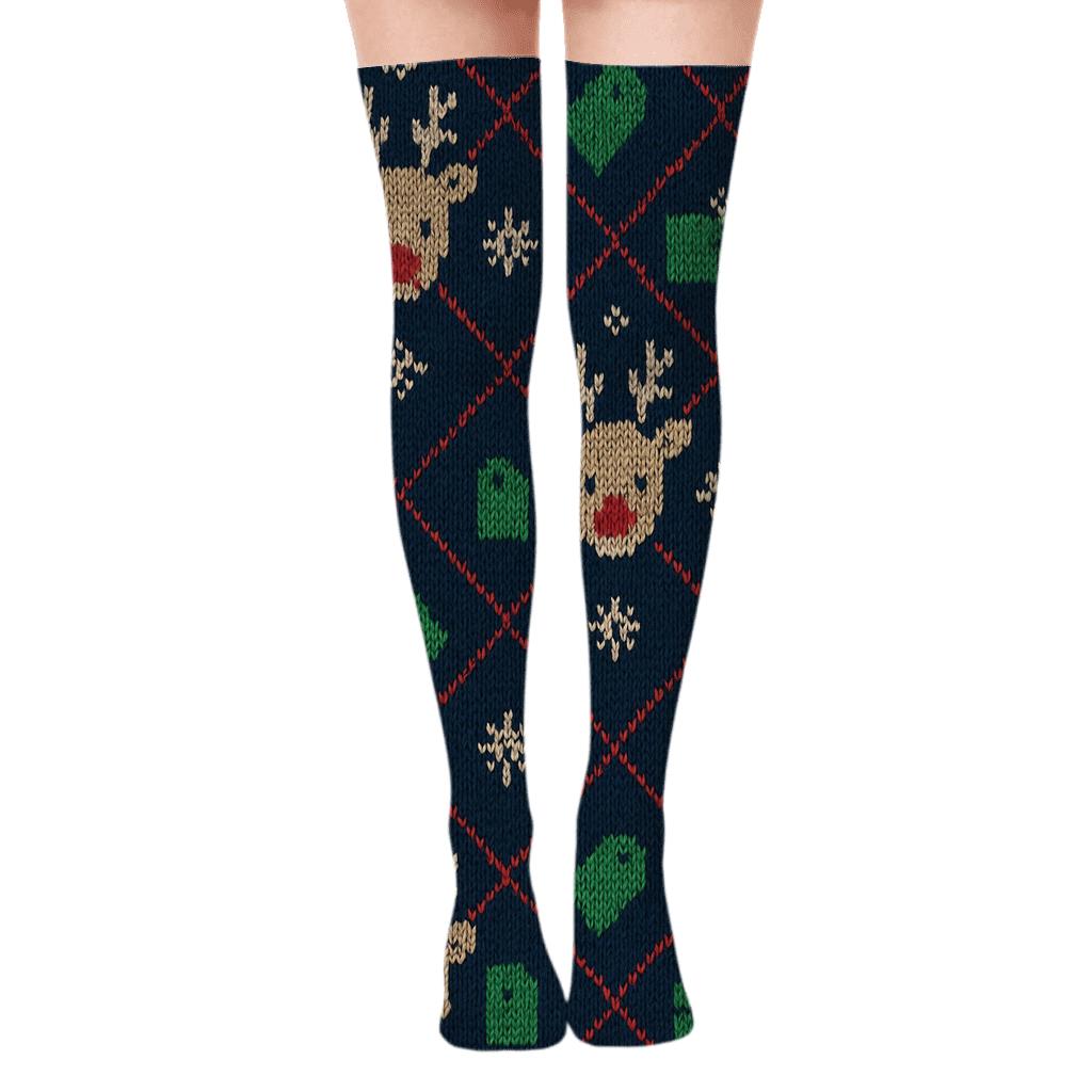 Xmas Knitted Reindeer Lattice unique graphic over-the-knee socks