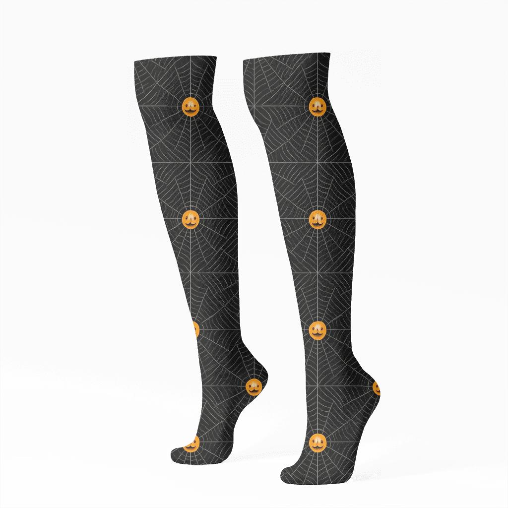 Orange Spider Web Overlay With Pumpkin Nodes On Black Background personalized knee-high socks