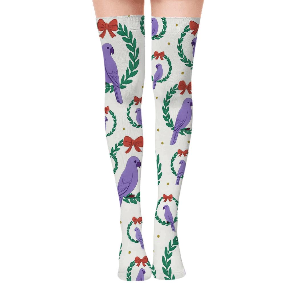 Lavender Parrot Wreath Ring Repeat On White Background comfortable cotton over-the-knee socks