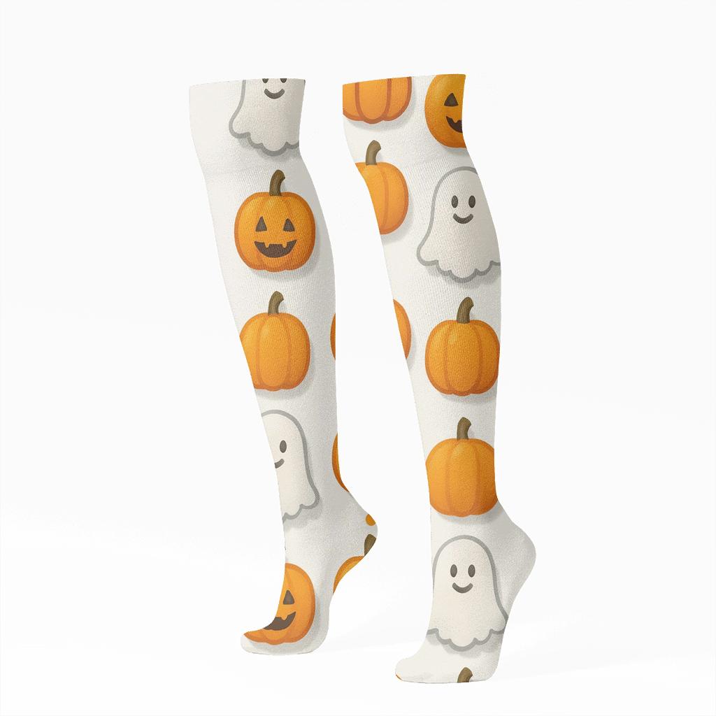 Phantom and Orange Pumpkin Alternating Columns on White Background Knee-High Socks