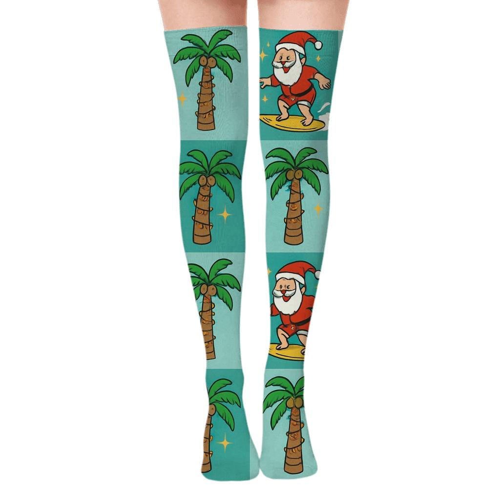 Santa Surf Scene With Xmas Tiles personalized over-the-knee socks